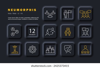 Icono de línea de conjunto de trabajo en equipo. Corporación, competencia, cooperación, bonificación, premio, comunicación. Estilo neomorfista. Icono de línea vectorial para negocios y publicidad