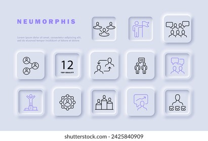 Teamwork set line icon. Corporation, competition, cooperation, bonus, award, communication. Neomorphism style. Vector line icon for business and advertising