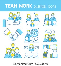 Teamwork, set of line icons, business connections, partnership and collaboration