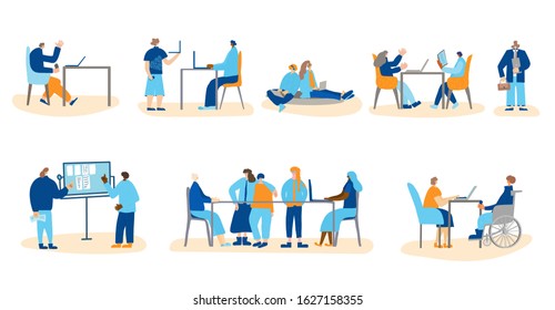 Teamwork set. Office life scenes collection. Different coworkers make business projects together in the company. Brainstorming, presentation, conference, mentoring, meeting. Vector flat illustration.