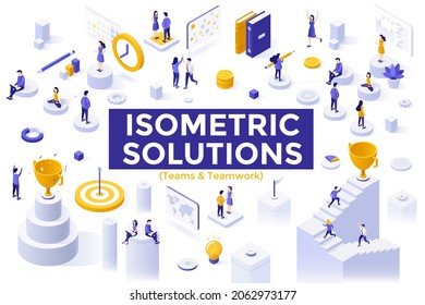 Teamwork set - people making presentation, celebrating success, taking part in business meeting together. Collection of isometric design elements isolated on white background. Vector illustration.