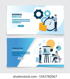 teamwork set scenes of analysis infographic vector illustration design