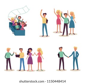 Teamwork set with smiling successful people waving hands and showing okay gesture and team riding together on roller coaster in flat vector illustration isolated on white background.