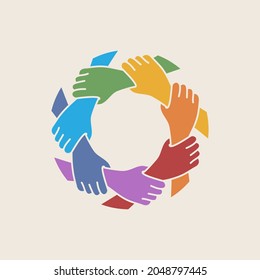 Teamwork. Seven hands unity people. Vector illustration in hand drawn flat style.