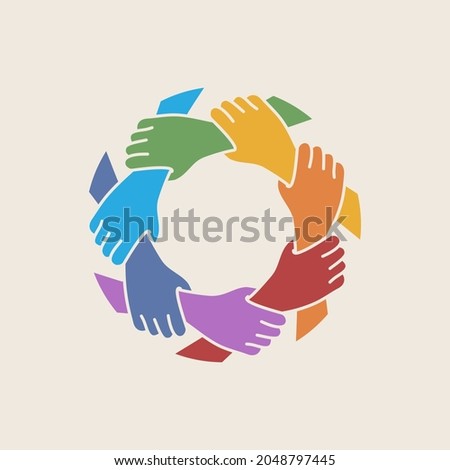 Teamwork. Seven hands unity people. Vector illustration in hand drawn flat style.