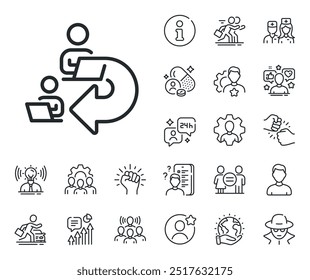 Signo de compartir trabajo en equipo. Iconos de esquema de especialista, médico y competencia de trabajo. Icono de línea de trabajo delegada. Símbolo de oficina remota. Delegar signo de línea de trabajo. Marcador de posición de avatar, icono de disparo de cabeza de espía. Vector