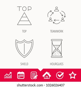 Teamwork, shield and top pyramid icons. Hourglass linear sign. Edit document, Calendar and Graph chart signs. Star, Check and House web icons. Vector