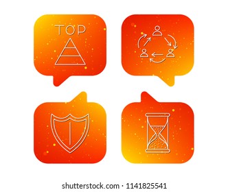 Teamwork, shield and top pyramid icons. Hourglass linear sign. Orange Speech bubbles with icons set. Soft color gradient chat symbols. Vector