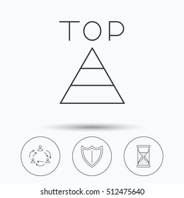 Teamwork, shield and top pyramid icons. Hourglass linear sign. Linear icons in circle buttons. Flat web symbols. Vector