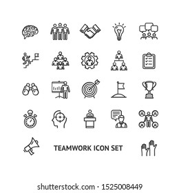 Teamwork Sign Black Thin Line Icon Set Include of Gear, Goal and Trophy. Vector illustration of Icons