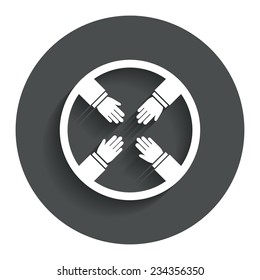 Teamwork sign icon. Helping Hands symbol. Group of employees working together. Gray flat button with shadow. Modern UI website navigation. Vector