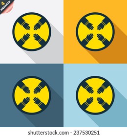 Teamwork sign icon. Helping Hands symbol. Group of employees working together. Four squares. Colored Flat design buttons. Vector