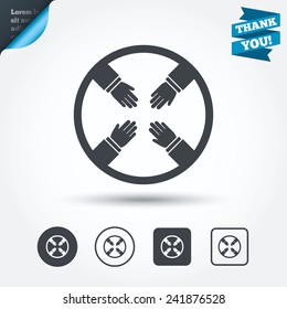 Teamwork sign icon. Helping Hands symbol. Group of employees working together. Circle and square buttons. Flat design set. Thank you ribbon. Vector