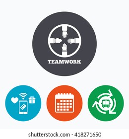Teamwork sign icon. Helping Hands symbol. Group of employees working together. Mobile payments, calendar and wifi icons. Bus shuttle.