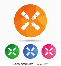 Teamwork sign icon. Helping Hands symbol. Group of employees working together. Triangular low poly button with flat icon. Vector