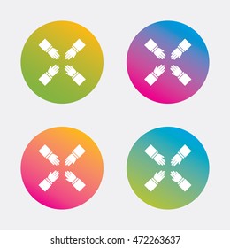 Teamwork sign icon. Helping Hands symbol. Group of employees working together. Gradient flat buttons with icon. Modern design. Vector