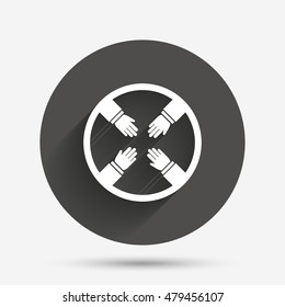 Teamwork sign icon. Helping Hands symbol. Group of employees working together. Circle flat button with shadow. Vector