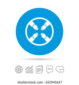 Teamwork sign icon. Helping Hands symbol. Group of employees working together. Copy files, chat speech bubble and chart web icons. Vector