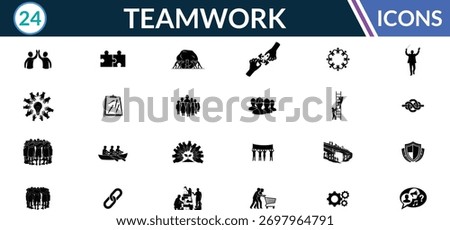 Teamwork silhouette icon set. Including People Group, Puzzle Pieces, Handshake, Lightbulb Idea, Clipboard, Gear, Network, Link, Tug of War, Team Huddle. Vector silhouette illustration.