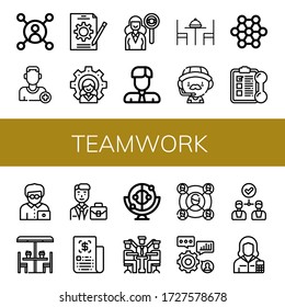 teamwork simple icons set. Contains such icons as User, Add friend, Job, Leader, Headhunting, Businessman, Table, Coach, Structure, Training, can be used for web, mobile and logo