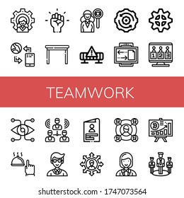 teamwork simple icons set. Contains such icons as Leader, Communication, Motivation, Table, Headhunting, Works, Gear, Connection, Candidates, can be used for web, mobile and logo
