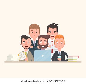 Teamwork sitting behind the laptop is brainstorming. Vector illustration in a flat style.