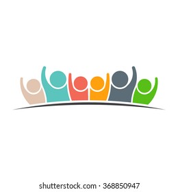 Teamwork Six Friends Logo Icon. Concept Of Group Of People, Happy Team, Victory