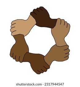 Teamwork six hands. hexagram star hands formation. unity in diversity