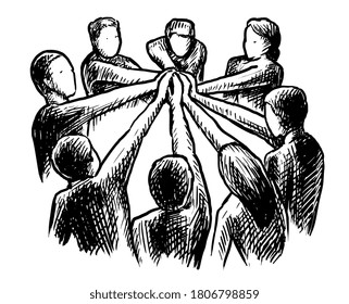 Teamwork sketch. Vector hatching man woman people silhouette putting hand together. Teamwork community and cooperation, partnership and friendship doddle sketch. Team spirit illustration