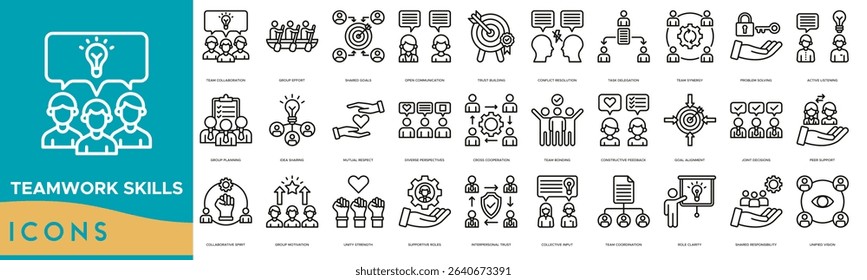 Teamwork Skills Icon set. Team Collaboration, Group Effort, Shared Goals, Open Communication, Trust Building, Conflict Resolution, Task Delegation, Team Synergy and Problem Solving