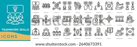 Teamwork Skills Icon set. Team Collaboration, Group Effort, Shared Goals, Open Communication, Trust Building, Conflict Resolution, Task Delegation, Team Synergy and Problem Solving