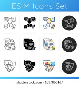 Teamwork skills icons set. Linear, black and RGB color styles. Professional talents and personal traits. Partnership negotiation, organization and selling skills. Isolated vector illustrations