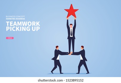 Teamwork, smart three businessmen pick up stars in the sky
