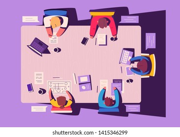 Teamwork at the smartphone desk. Coworking concept. Cartoon vector illustration. Flat style. Big device. View from above. Creative team