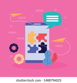 teamwork smartphone puzzles gears talk bubble vector illustration