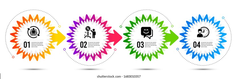 Teamwork, Lächeln Gesicht und Arbeitszeit Symbole einfach gesetzt. Zeitstrahl-Infografik. Discount-Schild. Mitarbeiter wechseln, Chat, Projektzeitpunkt. Verkaufen Sie Shopping. Die Leute sind da. Vektorgrafik