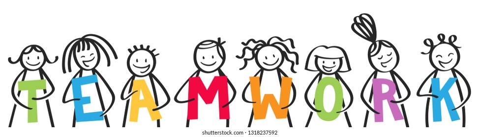 TEAMWORK, smiling group of stick figures holding colorful letters, isolated on white background