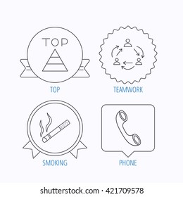 Teamwork, smoking and phone call icons. Top linear sign. Award medal, star label and speech bubble designs. Vector
