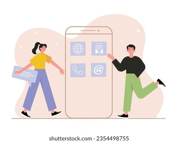 Red de medios sociales de trabajo en equipo, analizando a un hombre con una camisa larga negra y una mujer con una camisa amarilla sosteniendo texto. Diseño de caracteres. Ilustración plana del vector
