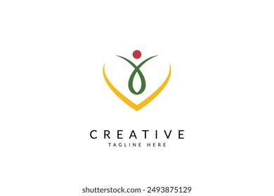 Logo de red social de trabajo en equipo con icono de amor. Logotipo del amor con la hoja. Logo de la comunidad de Personas con ícono de amor. Logo de gente feliz.