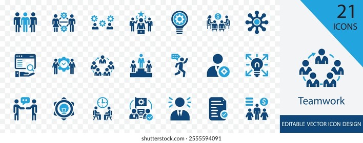 Teamwork solid icon set.  containing  partnership, unity, assistance, planning,  leadership, share idea, meeting and more vector design 
