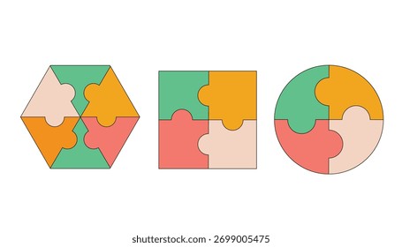 Conceito de trabalho em equipe e solução com quebra-cabeças de hexágono, quadrado e círculo