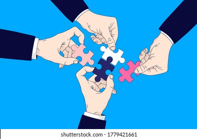 Teamwork Solution - Four Hands With Puzzle Pieces Coming Together And Finding Solutions. Teamwork Concept. Vector Illustration.