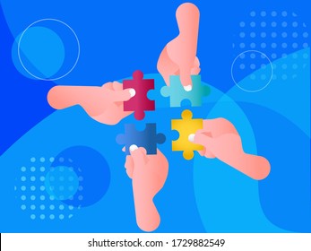 Teamwork solution vector concept: Hands  holding and assembling colorful puzzle pieces together