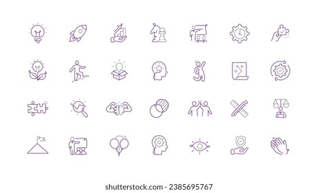Conjunto de símbolos de soluciones de trabajo en equipo. Este conjunto de iconos representa soluciones empresariales creativas para la administración innovadora de equipos