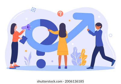 Teamwork to solve business problem concept. A man and women turn a question mark into an arrow pointing upwards. A metaphor for finding solutions and progress. Cartoon flat vector illustration