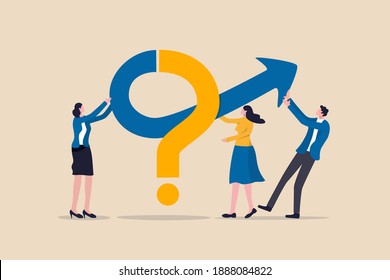 Teamwork to solve business problem, cooperation or collaboration in company to achieve business success concept, businessmen and women, colleagues help put solution arrow on question mark problem sign