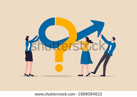 Teamwork to solve business problem, cooperation or collaboration in company to achieve business success concept, businessmen and women, colleagues help put solution arrow on question mark problem sign