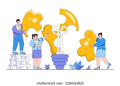 Teamwork solve problem, collaboration work together to achieve success, community help finding solution concepts. Businesspeople team building and connecting puzzle elements to build a lightbulb.