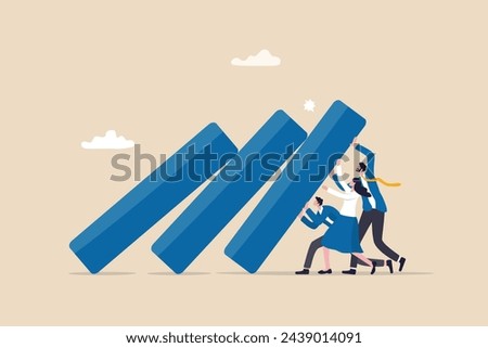 Teamwork to solve problem, team effort help stop crisis, responsibility to stop failure, support or trustworthy or courage to success concept, business people colleagues help stop domino falling.